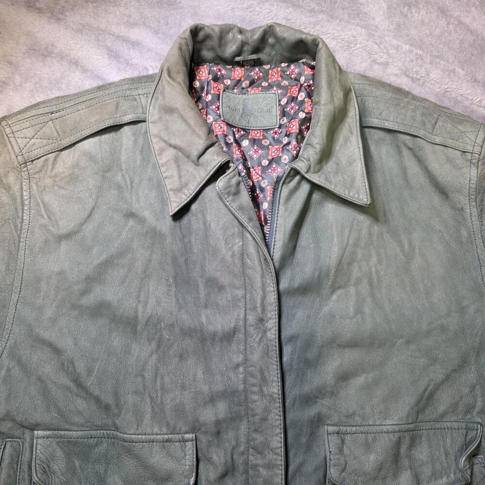 Vintage Hunt Club Jacket Mens Large Green Leather Bomber Lined Pockets